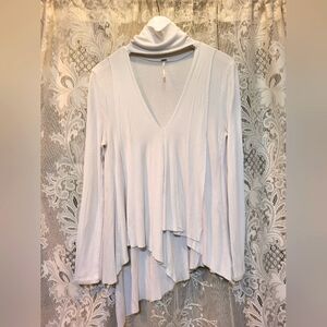 Free People Womens Sz XS White Ribbed Choker Long Sleeve Open Front Blouse